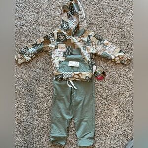 Cactus Kids Patchwork Western French Terry Hoodie Set in Green and Tan